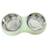 Double Dining Pet Feedrer With Stainless Steel Bowl & Non Slip Rubber Bottom -Green 33*17.6*5Cm