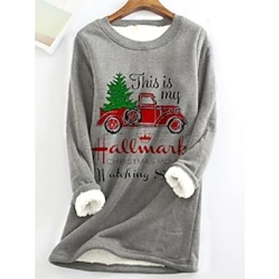Women's Pullover Christmas Sweatshirt Fleece Lined Graphic Letter Teddy Fuzzy Print Gray Christmas Casual Round Neck Long Sleeve Top Micro-elastic Fall  Winter Lightinthebox