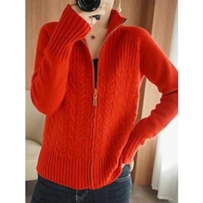 Women's Cardigan Sweater Jacket Stand Collar Cable Knit Core Spun Yarn Zipper Knitted Fall Winter Regular Outdoor Daily Going out Fashion Streetwear Casual Long Sleeve Solid Color Black Yellow Pink miniinthebox