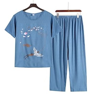 Women's Loungewear Sets Nighty 2 Pieces Animal Flower Simple Comfort Home Mother's Day Cotton Crew Neck Short Sleeve T shirt Tee Embroidery Spring Summer Green Blue Lightinthebox