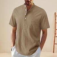 Men's Shirt Linen Shirt Cotton Linen Shirt Casual Shirt White Khaki Apricot Short Sleeve Plain Band Collar Summer Street Hawaiian Clothing Apparel Button-Down Lightinthebox