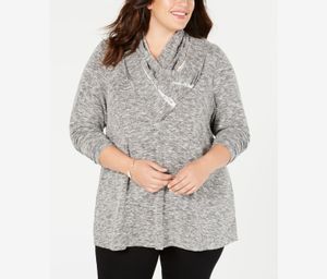 Womens Plus Lace Trim Cowl Neck Pullover Sweater  Gunmetal