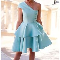 A-Line Homecoming Dresses Tiered Plisse Dress Holiday Knee Length Sleeveless One Shoulder Satin with Appliques 2023 Lightinthebox - thumbnail