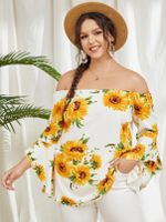 YOINS Plus Size Off The Shoulder Floral Print Long Sleeves Blouse - thumbnail