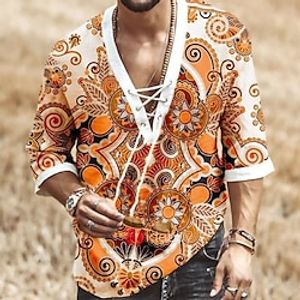 Graphic Tribal Vintage Boho Men's Shirt Casual Shirt Daily Wear Date Vacation Spring  Summer V Neck Half-Sleeve Blue, Orange, Dark Blue S, M, L Polyester Shirt Carnival Lightinthebox