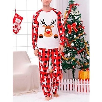 Men's Christmas Pajamas Sleepwear Pajama Set Pajama Top and Pant 2 Pieces Plaid Elk Stylish Casual Comfort Home Christmas Daily Cotton Blend Comfort Soft Crew Neck Long Sleeve T shirt Tee Pant Lightinthebox