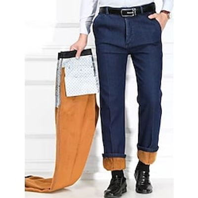 Men's Jeans Fleece Pants Trousers Denim Pants Pocket Plain Comfort Breathable Outdoor Daily Going out Cotton Blend Fashion Casual Black Blue Lightinthebox
