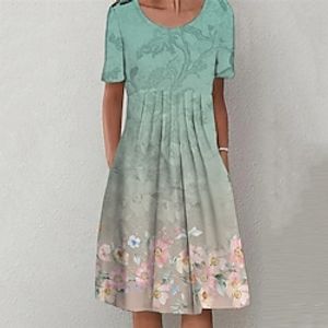 Women's Shift Dress Knee Length Dress Green Navy Blue Short Sleeve Floral Ruched Pocket Print Spring Summer Crew Neck Casual Vacation 2022 S M L XL XXL 3XL miniinthebox
