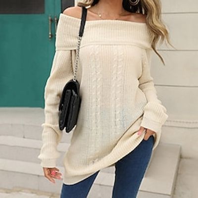 Women's Pullover Sweater Jumper Jumper Cable Knit Cold Shoulder Pure Color Off Shoulder Stylish Casual Outdoor Daily Winter Fall Green Purple S M L miniinthebox