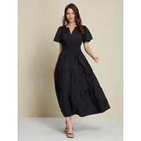 Women's Black Dress Cotton Maxi Dress Essential Casual V-Neck Cinched Waist Shirred Layered Dress