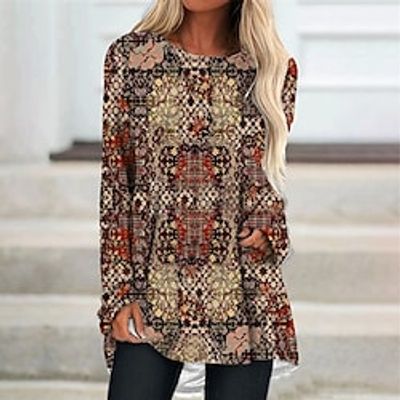 Women's Shift Dress Knee Length Dress Khaki Long Sleeve Geometric Print Fall Spring Crew Neck Casual Vacation 2022 S M L XL XXL 3XL miniinthebox