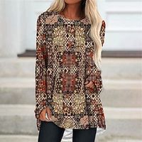Women's Shift Dress Knee Length Dress Khaki Long Sleeve Geometric Print Fall Spring Crew Neck Casual Vacation 2022 S M L XL XXL 3XL miniinthebox - thumbnail