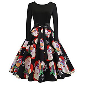 Women's A Line Dress Knee Length Dress Black Long Sleeve Print Bow Print Fall Winter Round Neck Casual Vintage Christmas 2021 S M L XL XXL Lightinthebox