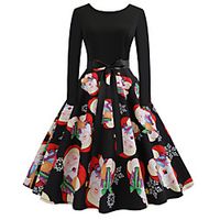 Women's A Line Dress Knee Length Dress Black Long Sleeve Print Bow Print Fall Winter Round Neck Casual Vintage Christmas 2021 S M L XL XXL Lightinthebox - thumbnail