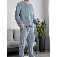 Men's Loungewear Sleepwear Pajama Set Pajama Top and Pant 2 Pieces Plain Stylish Casual Comfort Home Daily Bed Flannel Comfort Warm Soft Crew Neck Long Sleeve Pullover Pant Elastic Waist Fall Winter Lightinthebox - thumbnail