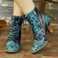 Women's Boots Handmade Shoes Vintage Shoes Heel Boots Daily Booties Ankle Boots Beading Zipper Stiletto Heel Pointed Toe Vintage Fashion Rubber Zipper Floral Royal Blue miniinthebox - thumbnail