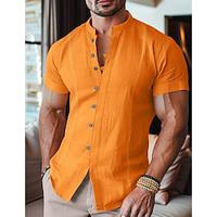 Men's Shirt Linen Shirt Guayabera Shirt Summer Shirt Beach Shirt Summer Hawaiian Shirt White Blue Orange Short Sleeve Solid Color Band Collar Spring Summer Street Daily Clothing Apparel Ruched Lightinthebox