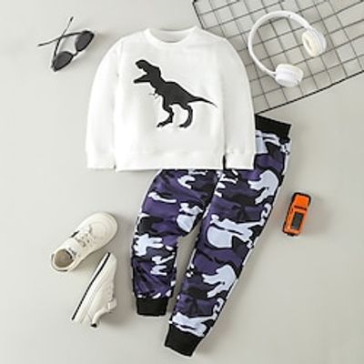 2 Pieces Toddler Boys Hoodie  Pants Outfit Graphic Letter Dinosaur Long Sleeve Pocket Set School Cool Daily Fall Winter 3-7 Years Deep Purple ArmyGreen Lightinthebox
