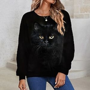 Women's Sweatshirt Pullover Basic Black Cat Street Round Neck Plus Size Long Sleeve miniinthebox