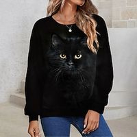 Women's Sweatshirt Pullover Basic Black Cat Street Round Neck Plus Size Long Sleeve miniinthebox - thumbnail