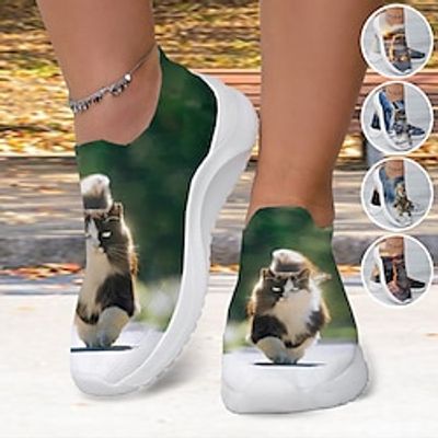 Women's Sneakers Slip-Ons Print Shoes Animal Print Plus Size Outdoor Daily Cat 3D Flat Heel Fashion Casual Tissage Volant Yellow Red Blue Lightinthebox