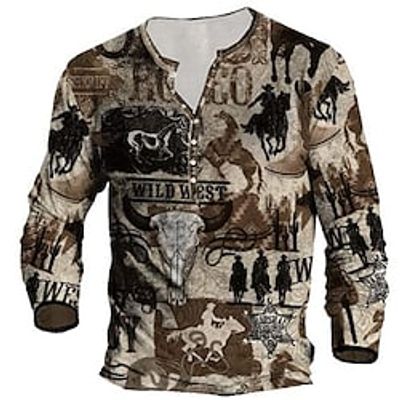 Men's Henley Shirt Tee T shirt Tee 3D Print Cartoon Graphic Plus Size Henley Daily Sports Button-Down Print Long Sleeve Tops Designer Basic Classic western style Brown miniinthebox