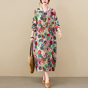 Women's Shift Dress Midi Dress Fuchsia Long Sleeve Floral Pocket Print Spring Summer Round Neck Stylish Casual Vintage 2021 M L XL XXL miniinthebox