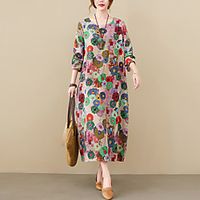 Women's Shift Dress Midi Dress Fuchsia Long Sleeve Floral Pocket Print Spring Summer Round Neck Stylish Casual Vintage 2021 M L XL XXL miniinthebox - thumbnail