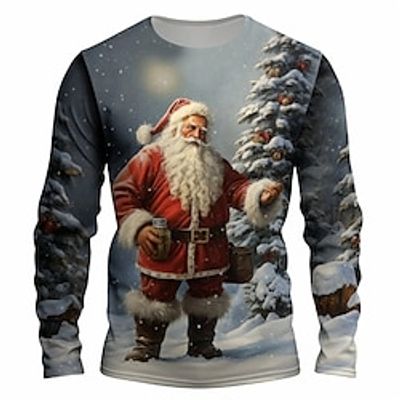 Graphic Santa Claus Merry Christmas Fashion Designer Casual Men's 3D Print T shirt Tee Sports Outdoor Holiday Going out Christmas T shirt Red Dark Blue Long Sleeve Crew Neck Shirt Spring   Fall Lightinthebox