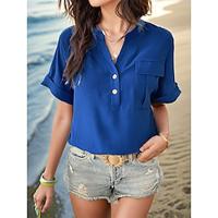 Women's Shirt Blouse Plain Daily Button Pocket Blue Short Sleeve Casual V Neck Summer Lightinthebox