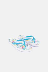 Womens Floral Slip On Slippers  White/Blue