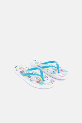 Womens Floral Slip On Slippers  White/Blue