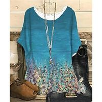 Women's Plus Size Tops Blouse Shirt Floral Print Half Sleeve Crewneck Streetwear Daily Sports Cotton Spandex Jersey Spring Summer Green Blue miniinthebox - thumbnail