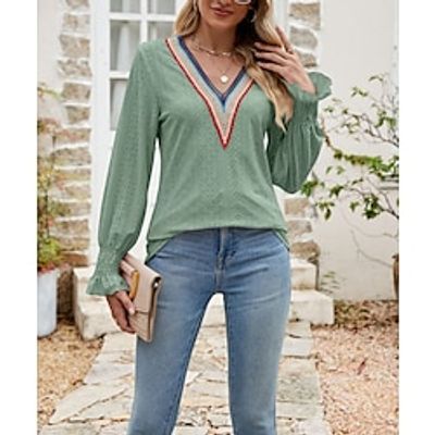 Women's Shirt Blouse Color Block Black White Yellow Lace Trims Long Sleeve Casual Fashion V Neck Regular Fit Spring   Fall Lightinthebox