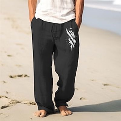 Totem Vintage Men's Linen Pants Pants Trousers Outdoor Daily Wear Streetwear Cotton Linen Black Blue Brown S M L Mid Waist Elasticity Pants Lightinthebox