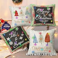 Christmas LED Lights Throw Pillow Cover 4PC Tree Xmas Soft Decorative Square Cushion Pillowcase for Bedroom Livingroom Sofa Couch Chair Superior Quality miniinthebox - thumbnail