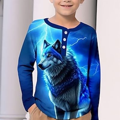 Boys 3D Wolf Henley Shirt Long Sleeve 3D Print Spring Fall Sports Fashion Streetwear Polyester Kids 3-12 Years Crew Neck Outdoor Casual Daily Regular Fit Lightinthebox