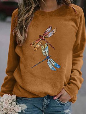 Round Neck Casual Loose Dragonfly Print Sweatshirt
