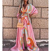 Women's Swing Dress Maxi long Dress Blushing Pink 3/4 Length Sleeve Floral Lace up Zipper Button Fall Spring V Neck Boho Holiday Beach Butterfly Sleeve 2021 S M L XL XXL / Print miniinthebox - thumbnail