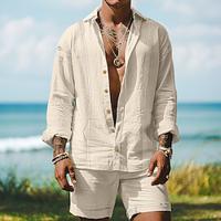 Men's Guayabera Shirt 2 Piece Shirt Set Summer Shirt Beach Shirt Green Khaki Light Grey Long Sleeve Plain Collar Summer Street Daily Clothing Apparel 2 Piece Lightinthebox