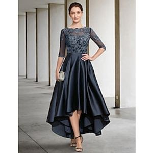 A-Line Mother of the Bride Dress Formal Wedding Guest Elegant Jewel Neck Asymmetrical Lace Italy Satin Half Sleeve with Lace Pleats 2023 Lightinthebox