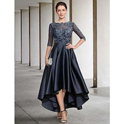 A-Line Mother of the Bride Dress Formal Wedding Guest Elegant Jewel Neck Asymmetrical Lace Italy Satin Half Sleeve with Lace Pleats 2023 Lightinthebox