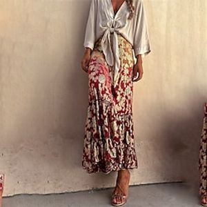 Women's Skirt Swing Maxi Wine Blue Skirts Ruched Floral Print Fashion Elegant Casual Street Daily S M L Lightinthebox