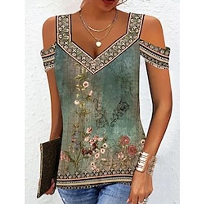 Women's Shirt Blouse Blue Purple Green Floral Off Shoulder Cut Out Short Sleeve Casual Holiday Basic V Neck Regular Floral S miniinthebox Women's Shirt Blouse Blue Purple Green Floral Off Shoulder Cut Out Short Sleeve Casual Holiday Basic V Neck Regular Floral S miniinthebox