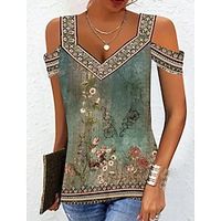 Women's Shirt Blouse Blue Purple Green Floral Off Shoulder Cut Out Short Sleeve Casual Holiday Basic V Neck Regular Floral S miniinthebox - thumbnail