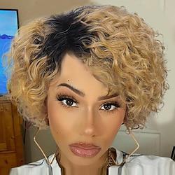 Short Curly Human Hair Wigs for Black Women Side Part Wig Pixie Cut Brazilian Remy Human Hair Deep Curly None Lace Front Ombre Blonde Wigs Lightinthebox