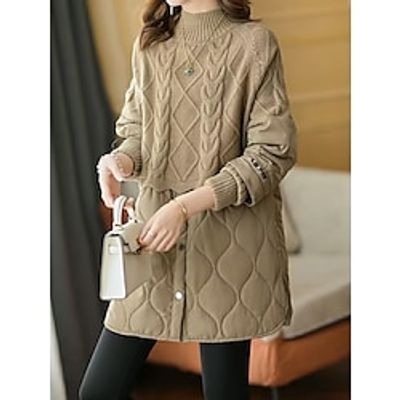 Women's Crew Neck Sweater Cable Knit Patchwork Button Solid Color Pullover Jumper Stylish Casual Outdoor Daily Fall Winter Black Khaki M Lightinthebox