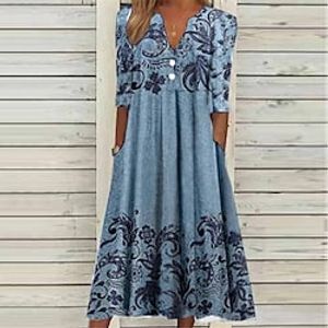 Women's Casual Dress Shift Dress Midi Dress Green Blue Royal Blue Black 34 Length Sleeve Floral Butterfly Pocket Print Fall Winter V Neck Vacation Casual 2022 S M L XL XXL 3XL  Cotton Lightinthebox