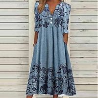 Women's Casual Dress Shift Dress Midi Dress Green Blue Royal Blue Black 34 Length Sleeve Floral Butterfly Pocket Print Fall Winter V Neck Vacation Casual 2022 S M L XL XXL 3XL  Cotton Lightinthebox - thumbnail