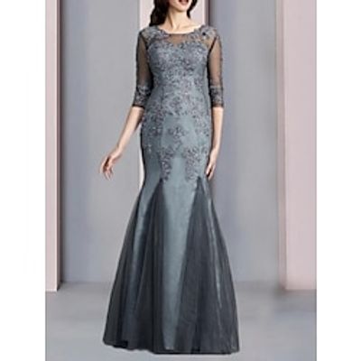Mermaid  Trumpet Mother of the Bride Dress Wedding Guest Elegant Scoop Neck Floor Length Chiffon Half Sleeve with Lace Ruching 2023 Lightinthebox